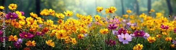 Fototapeta Blooming flowers in meadow across glowing vibrant paradise concept. A vibrant field of colorful flowers blooming in the sunshine.
