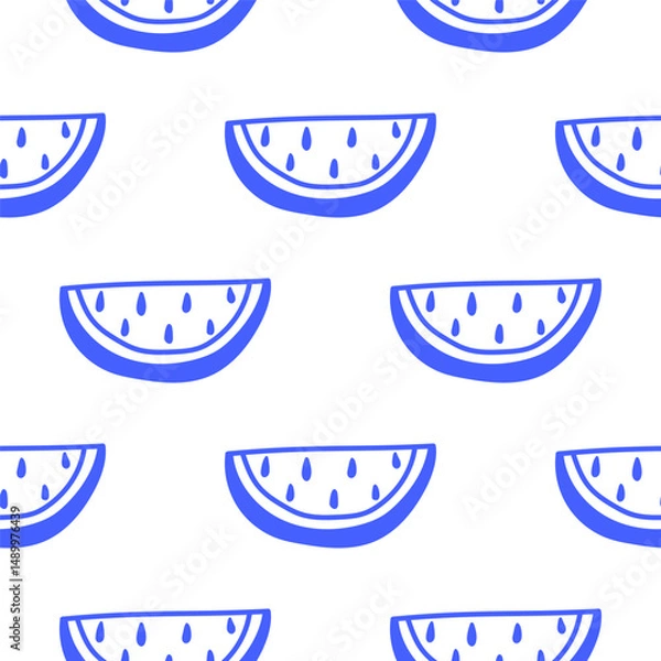 Fototapeta A simple modern seamless pattern with blue slices of watermelon. Cute summer line art print.