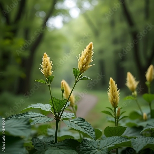 Obraz Brotes de flores de ginseng que florecen a lo largo del camino arbolado del parque.