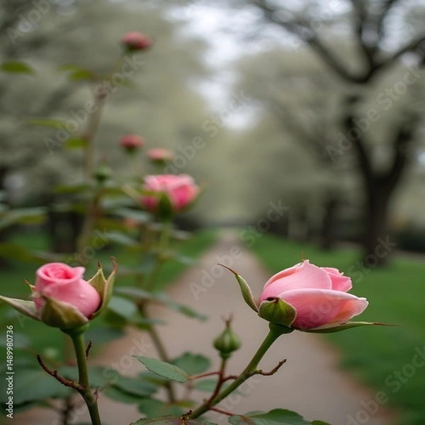 Obraz Capullos de rosas floreciendo a lo largo de un sendero arbolado en el parque