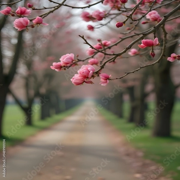 Obraz Capullos de rosas floreciendo a lo largo de un sendero arbolado en el parque