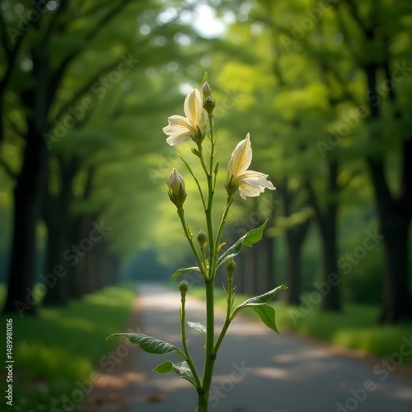Obraz Brotes de flores de ginseng que florecen a lo largo del camino arbolado del parque.