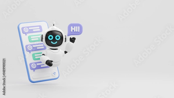 Fototapeta Chatbot AI Artificial Intelligence technology virtual conversation assistant support mobile smart phone online application chatting with customer service automatic answering. 3d rendering.