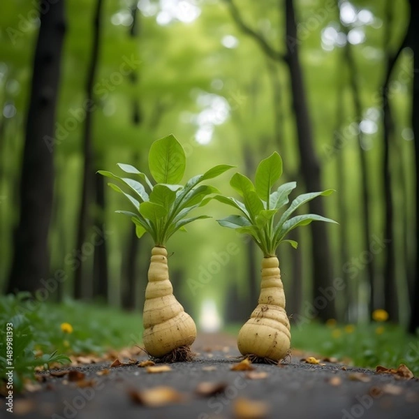 Obraz Brotes de flores de ginseng que florecen a lo largo del camino arbolado del parque.