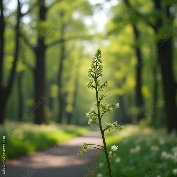 Obraz Brotes de flores de ginseng que florecen a lo largo del camino arbolado del parque.