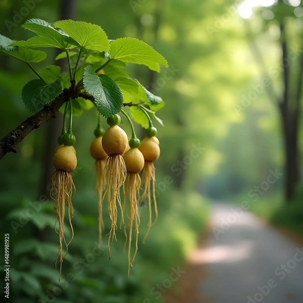 Obraz Brotes de flores de ginseng que florecen a lo largo del camino arbolado del parque.