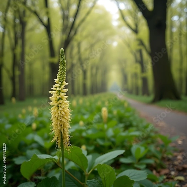 Obraz Brotes de flores de ginseng que florecen a lo largo del camino arbolado del parque.