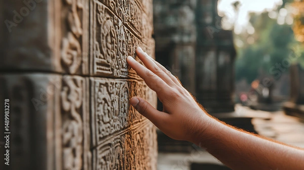Obraz Hand touching an ancient stone wall with carvings, exploring history and texture in a sacred space. Immersive travel experience. Close-up perspective.