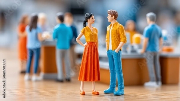 Fototapeta Miniature figures in animated conversation bustling backdrop