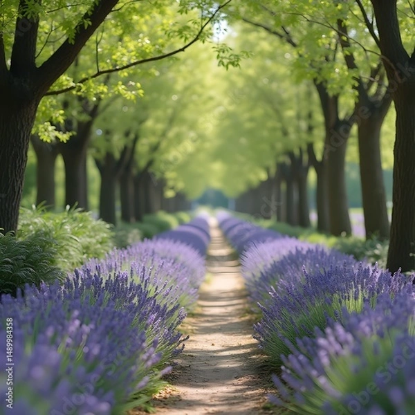 Obraz Brotes de lavanda floreciendo a lo largo de un sendero arbolado en el parque.