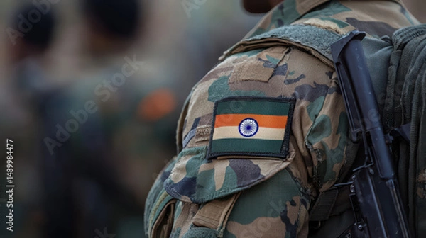 Fototapeta Indian Army in the Line of Duty: A stoic soldier stands in the foreground, the Indian flag proudly displayed, embodying the nation's spirit, and service. a poignant image, captured from the shoulder.