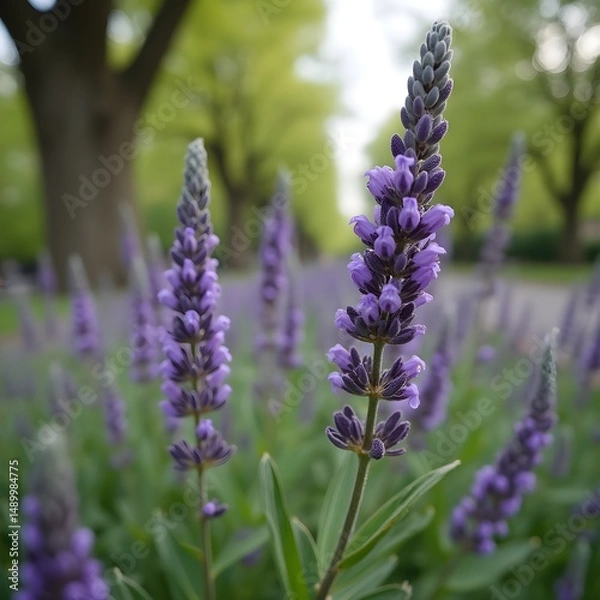 Obraz Brotes de lavanda floreciendo a lo largo de un sendero arbolado en el parque.