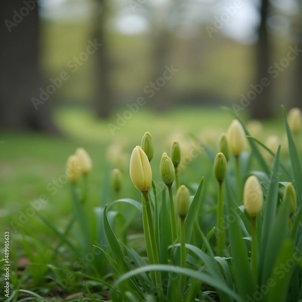 Obraz Brotes de lirio que florecen a lo largo de un sendero arbolado en el parque.