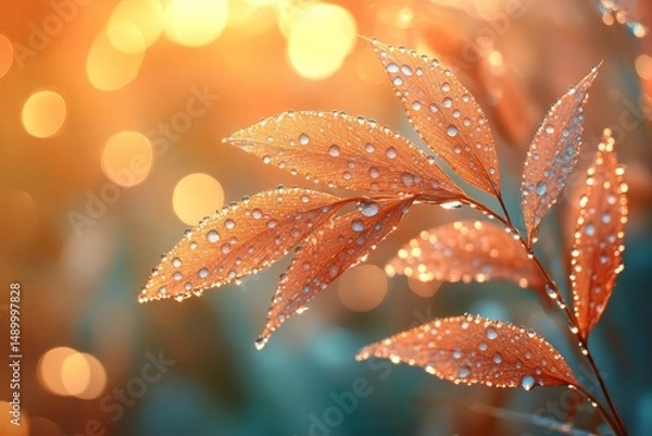 Fototapeta Close Up of Dew Covered Autumn Leaves with Bokeh Background