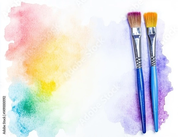 Obraz Watercolor paint splatter with two paintbrushes