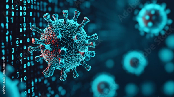 Fototapeta Virus bacteria on a computer screen. Virus illustration with binary code background representing technology and health.