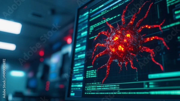 Obraz Virus bacteria on a computer screen. Digital rendering of a virus on a computer screen with data interface.