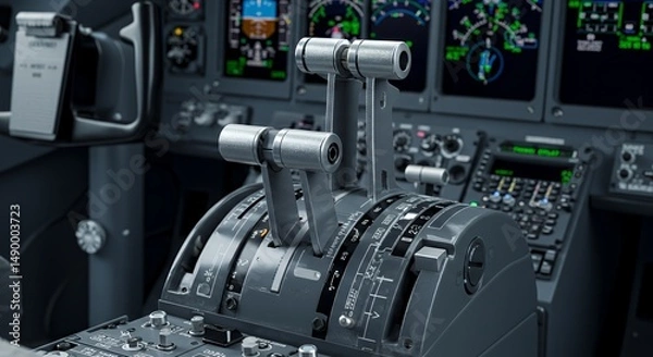 Fototapeta Modern Airplane Cockpit Thrust Levers, Detailed View of Aircraft Control Panel, Aviation Technology, Flight Deck Instruments