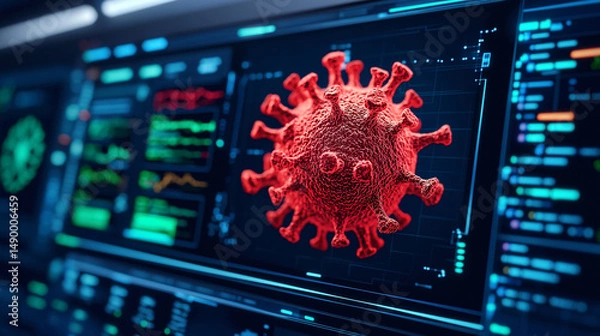 Obraz Virus bacteria on a computer screen. 3D illustration of a virus on a digital interface background.