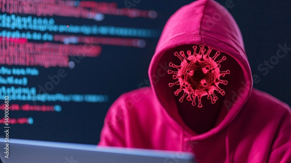 Obraz Virus bacteria on a computer screen. Hacker with virus symbol instead of face against code backdrop.