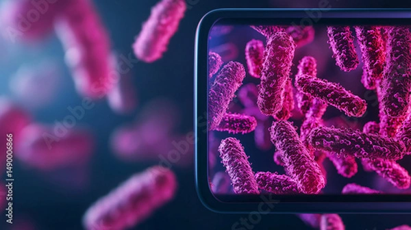 Obraz Virus bacteria on a computer screen. Bacteria visualization on a smartphone screen in vibrant colors.