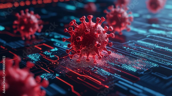 Obraz Virus bacteria on a computer screen. Virus model on a digital circuit board background.