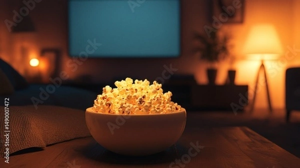 Fototapeta 79. Popcorn bowl during a movie, lit by screen glow and warm lamp light