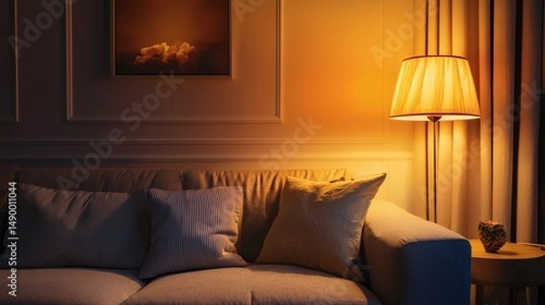 Fototapeta 122. Sofa with cushions and throw pillows, lit by warm table lamp and ambient light