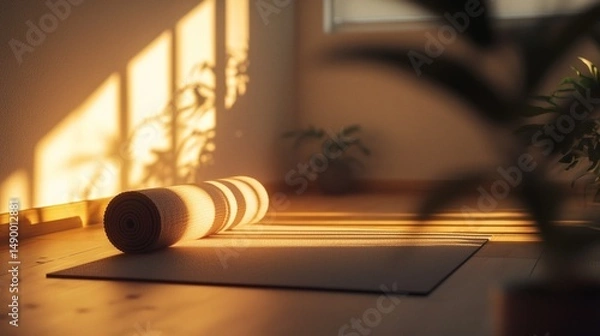 Fototapeta 145. Yoga mat rolled out in a quiet corner, lit by warm indirect light and soft natural light