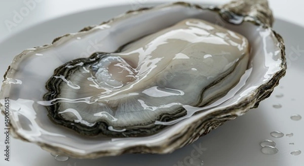 Fototapeta Close-up of a Fresh Oyster in its Shell, glistening with water droplets