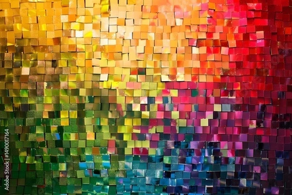 Fototapeta Vibrant Rainbow Mosaic: A Colorful Square Tile Art Display of Gradient Hues in Abstract Design, Showcasing a Spectrum of Shades from Yellow to Purple in a Geometric Pattern.