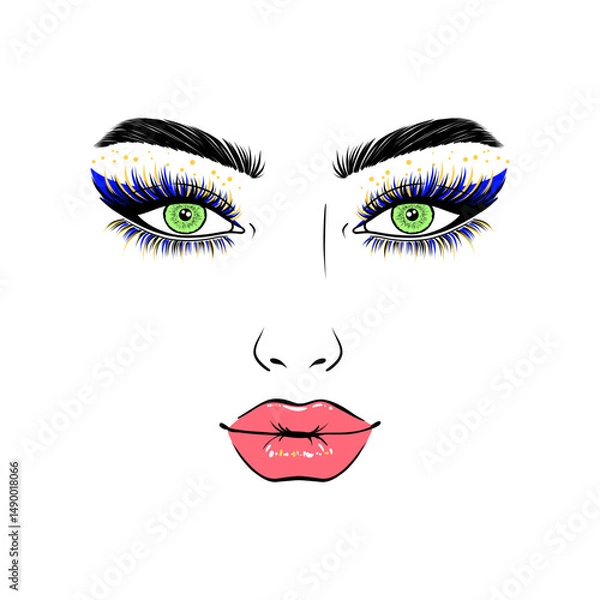 Fototapeta Woman's face with vibrant green eyes, dramatic blue and yellow eyelashes , red lips, and defined eyebrows on a white background.