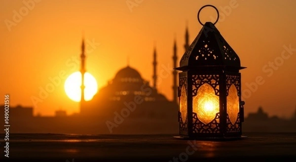 Fototapeta Lantern on Table with Mosque and Sunset