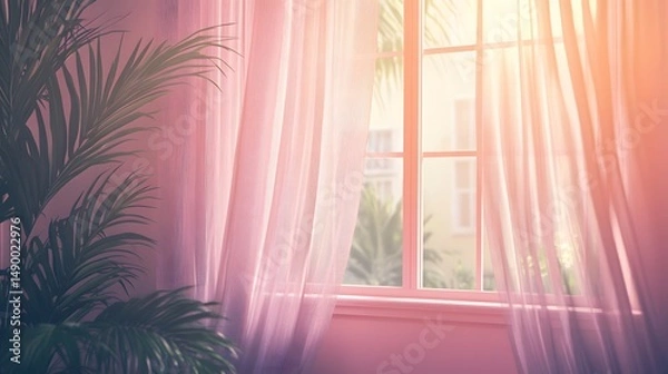 Obraz Gentle sunlight streams through pastel pink curtains.