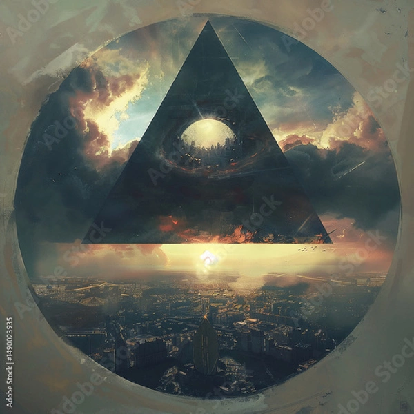 Fototapeta Mysterious triangular portal revealing cosmic prophecy over illuminated cityscape. Symbolic representation of hidden knowledge, conspiracy theories, and esoteric revelations of supernatural forces