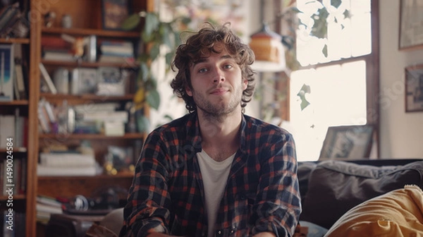 Fototapeta Young adult enjoying peaceful moment in self owned apartment with personal library and comfortable space. Portrait of financial freedom and residential independence, symbolizing successful transition 