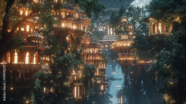 Obraz Enchanted tree city with illuminated multi-level structures nestled among lush foliage. Glowing windows and string lights create magical atmosphere beneath large moon in night sky with fantasy forest 