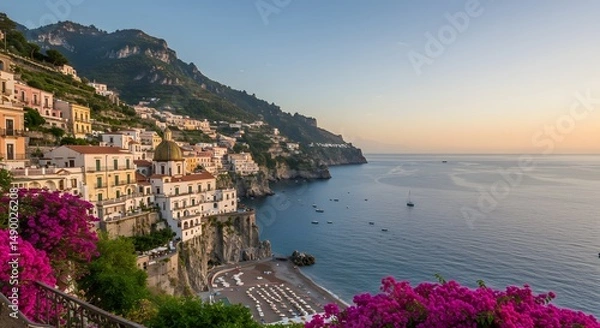 Fototapeta Stunning coastal view of Amalfi with vibrant flowers at sunset along the Mediterranean coast Generative AI