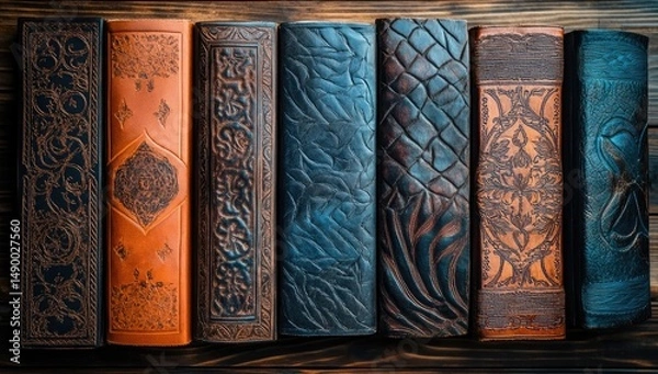 Fototapeta Vintage leather-bound books lined up on a dark wooden surface.  Intricate designs and various colors adorn the covers