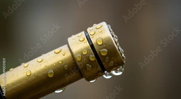 Fototapeta Golden Pipe with Dew Drops: A Macro Photography of Water Droplets on a Brass Pipe