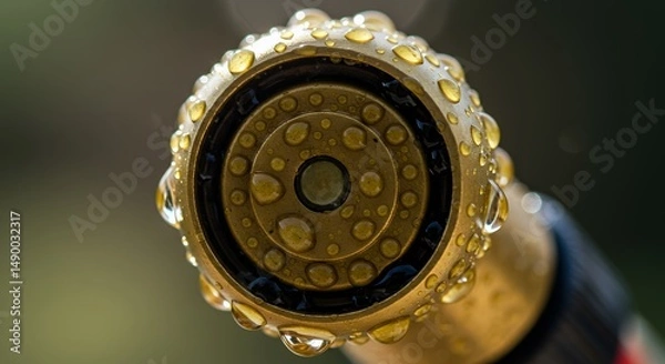 Fototapeta Macro Photography of a Water Sprinkler Nozzle Covered in Water Droplets