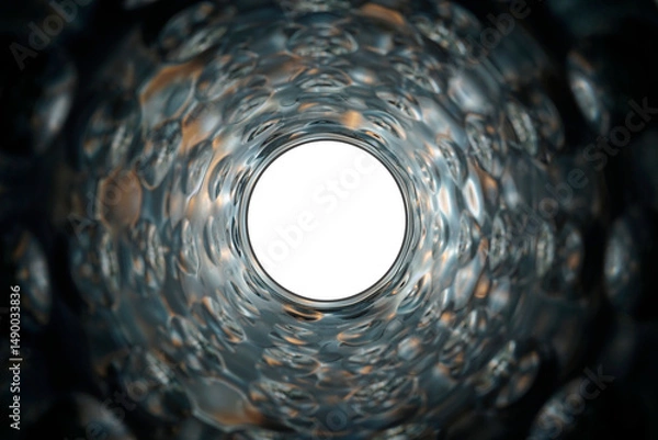 Obraz Tunnel of light, textured drinking glass from above with interesting lighting mood. Transparent glass base.