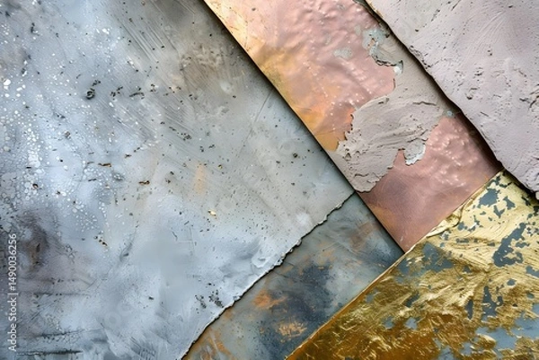 Fototapeta Abstract Textures: Exploring Layered Metal and Concrete Surfaces with Distressed Finishes, Revealing Patina and Gilding Effects in a Striking Visual Composition.