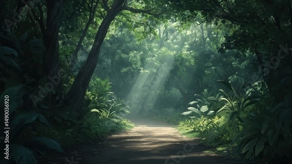 Obraz Sunlit jungle path lush green forest scene with light beams