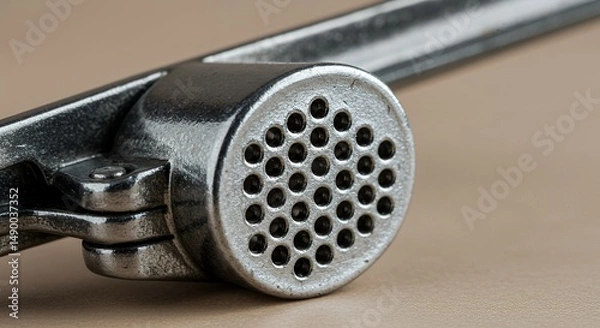 Fototapeta Close-up of a Metallic Garlic Press: A Detailed View of Kitchen Utensil