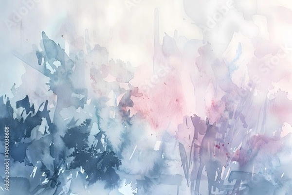 Fototapeta Abstract Watercolor Painting: Ethereal Blues and Rose Hues Blend Seamlessly in a Dreamlike Landscape, Evoking Serenity and Tranquility Through Delicate Brushstrokes.