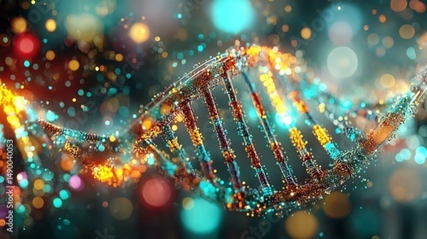 Fototapeta Colorful DNA strand with glowing particles.