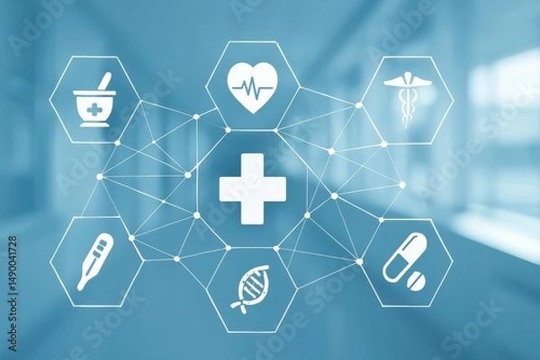 Fototapeta Medical network interface with health icons on a blue digital background. Symbols include DNA, pills, heart, thermometer, and cross. Concept of digital healthcare and modern medicine