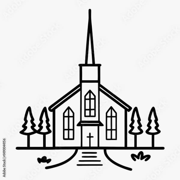 Fototapeta Church building illustration with trees and pathway in outline style  