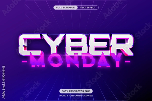 Fototapeta Retro futuristic Cyber Monday text effect with glitch and neon style, perfect for digital sale promos and tech campaigns. Fully editable EPS vector format.